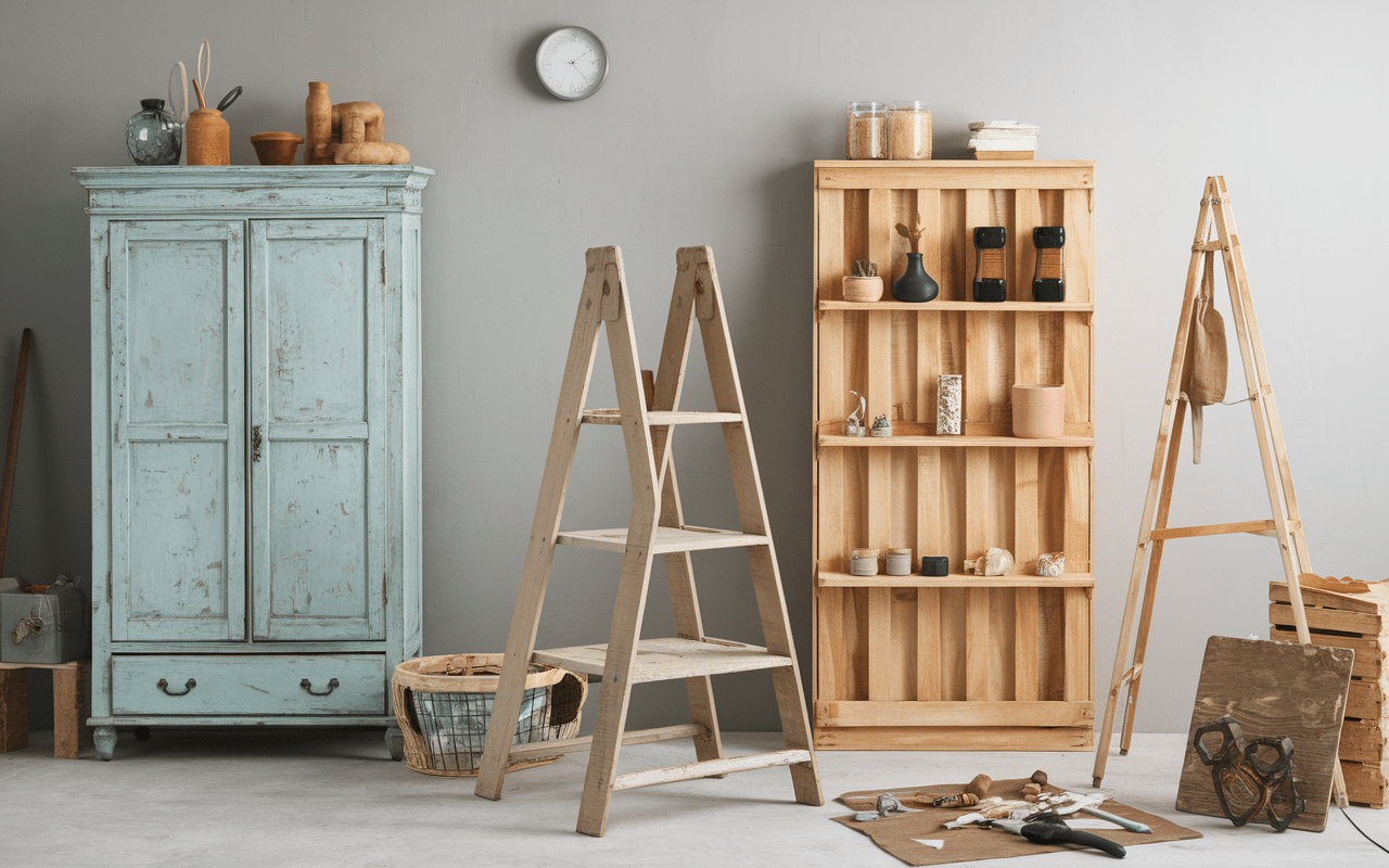 Atelier DIY avec objets détournés de leur fonction : passoire luminaire, échelle étagère