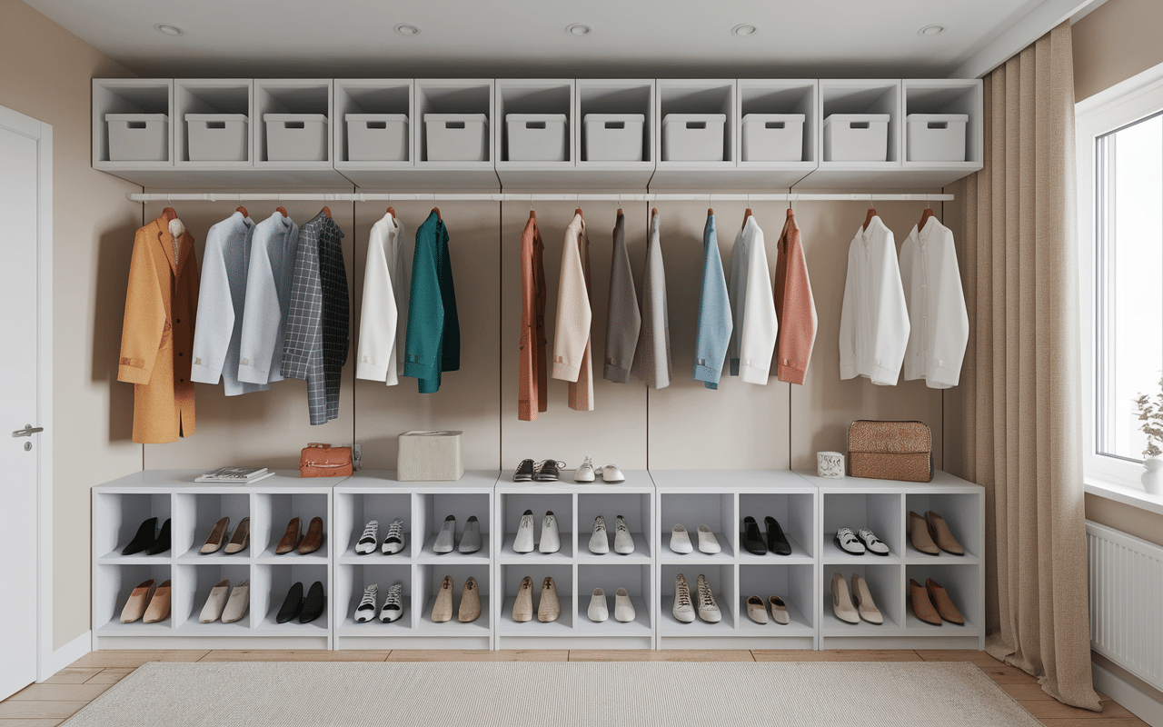 dressing fait maison avec rideau bien organisé et décoratif