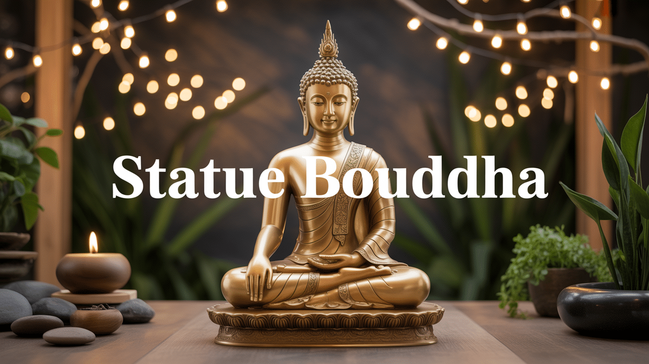 Statue bouddha dorée méditation lotus bougies plantes