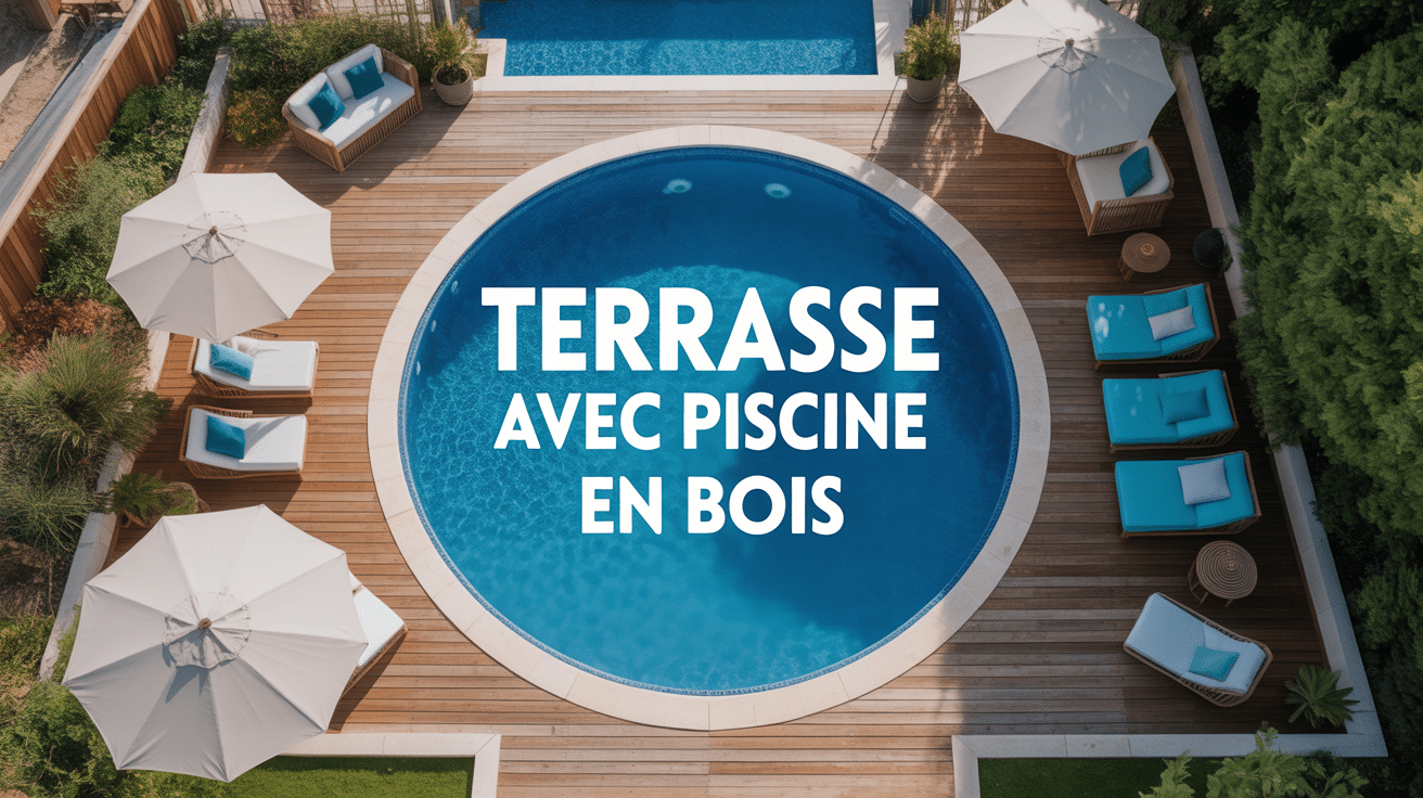terrasse avec piscine en bois moderne vue du dessus