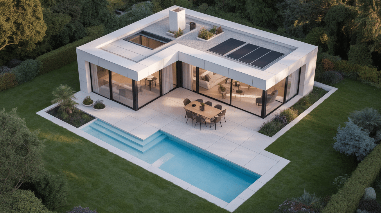 maison en l moderne vue du dessus avec terrasse et jardin