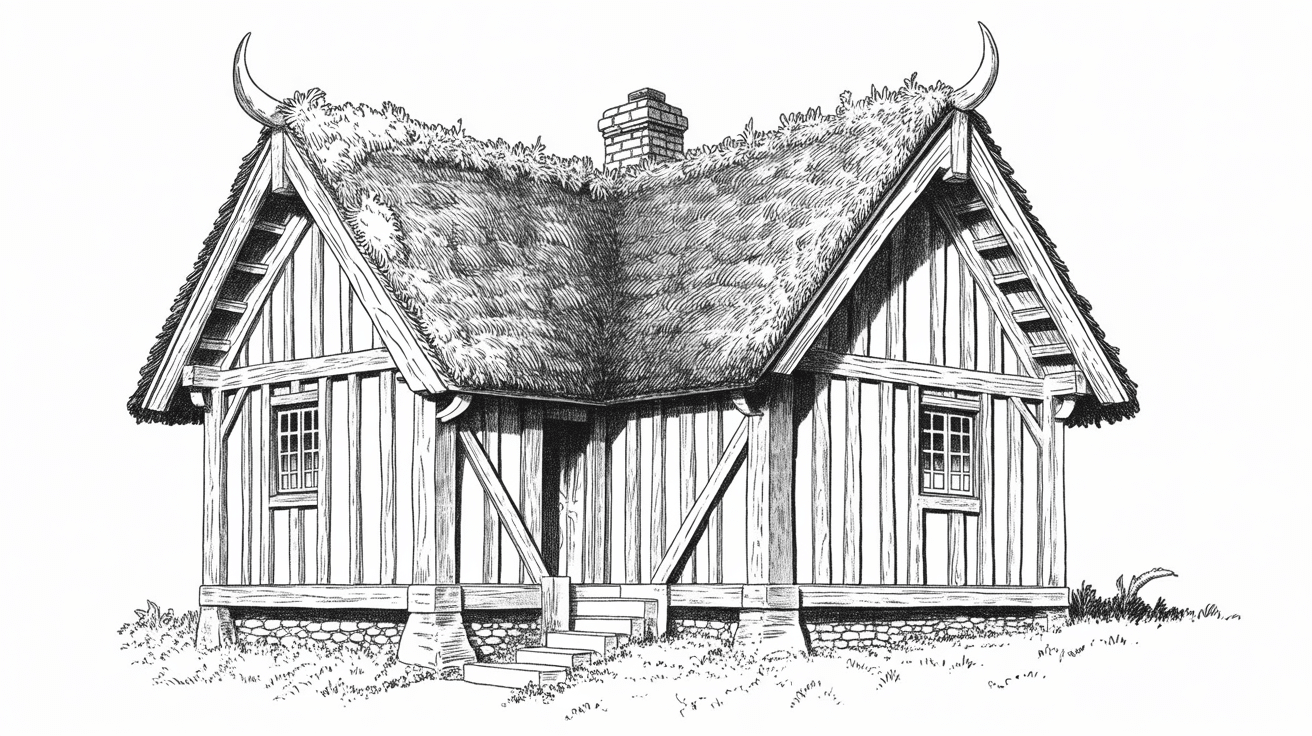 Structure intérieure maison viking bois et terre