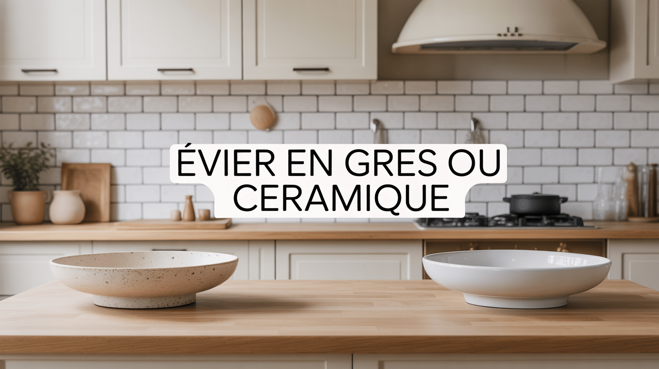 Vue de deux éviers côte à côte en grès et céramique dans une cuisine moderne