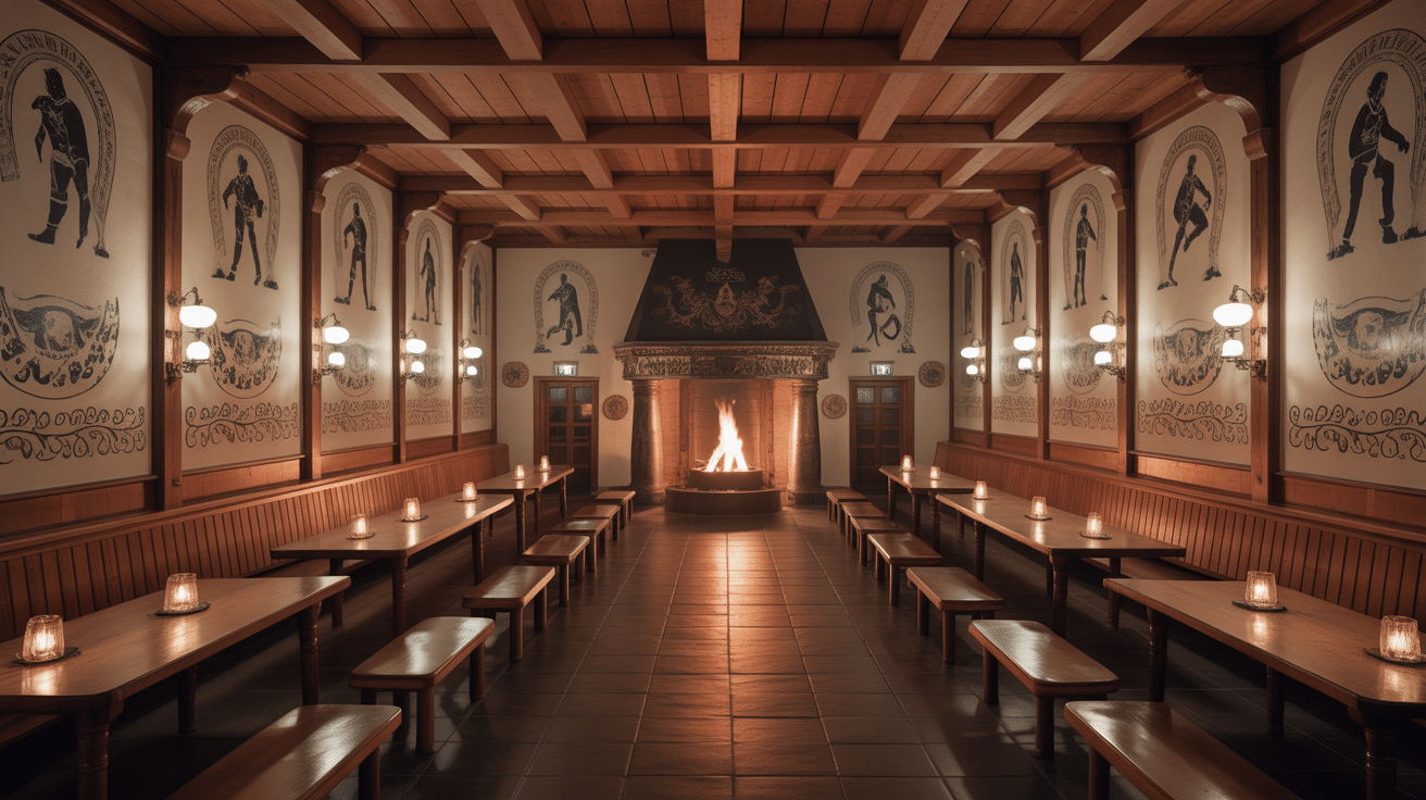 Salle commune maison viking autour du feu