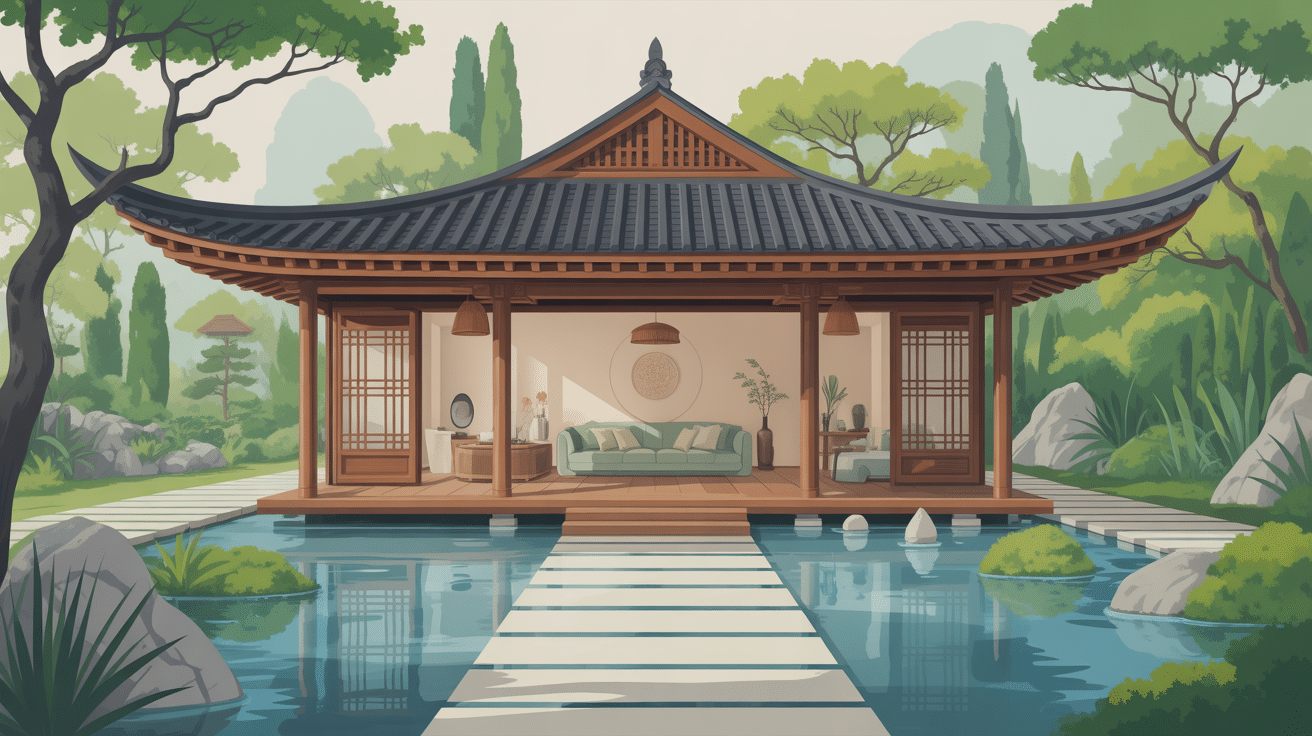 Maison Asie architecture moderne jardin zen toiture incurvée