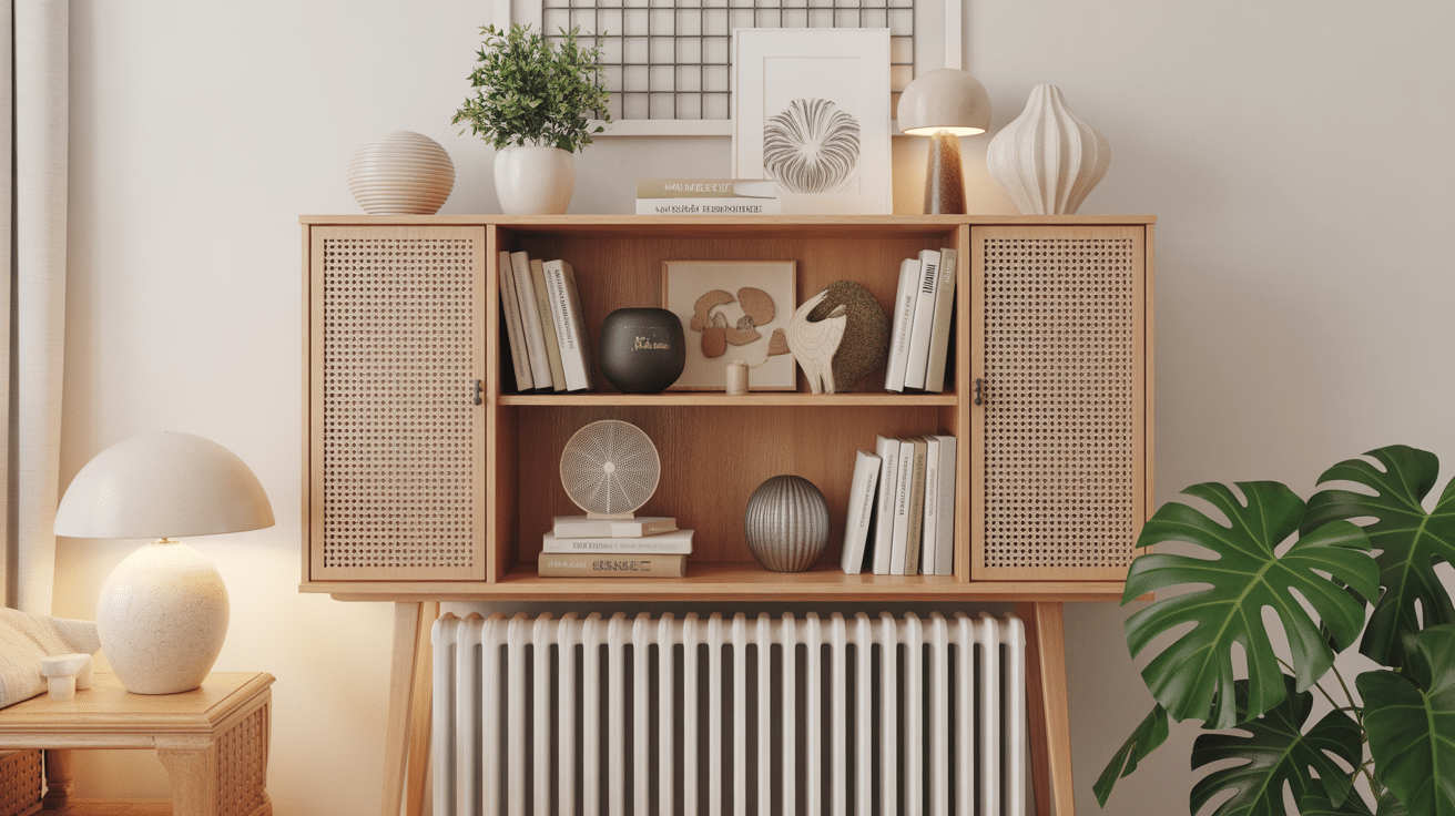 meuble sur radiateur étagère bois claire avec livres et plante