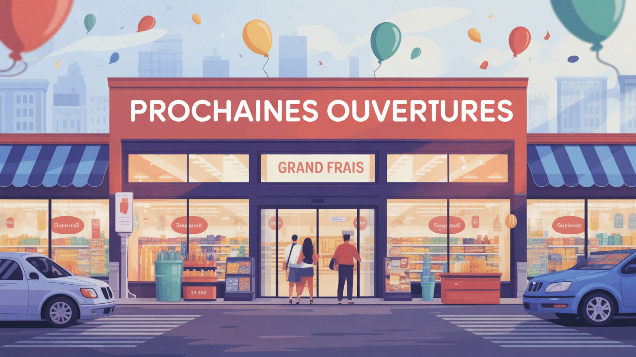 prochaines ouvertures grand frais façade magasin illustration festive