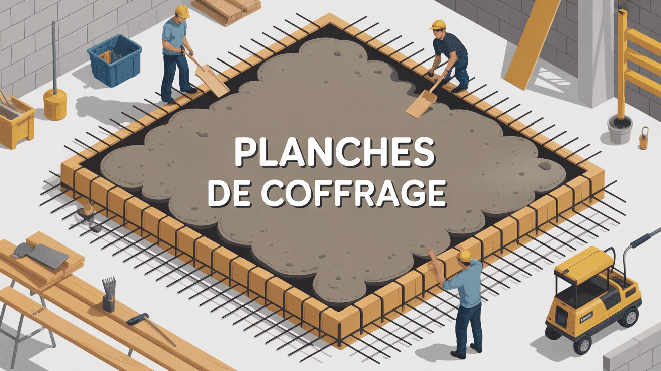 Illustration planches de coffrage sur chantier béton