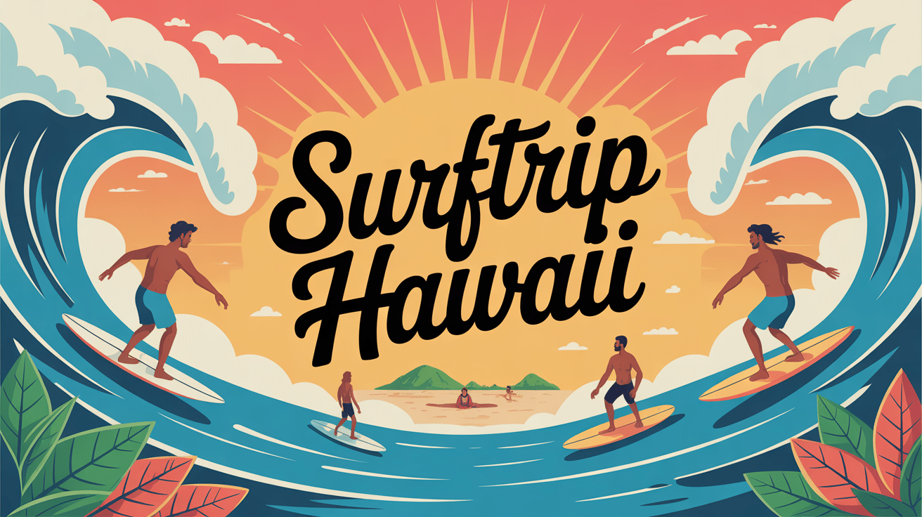 Surfen in Hawaii Illustration mit Wellen und Surfern