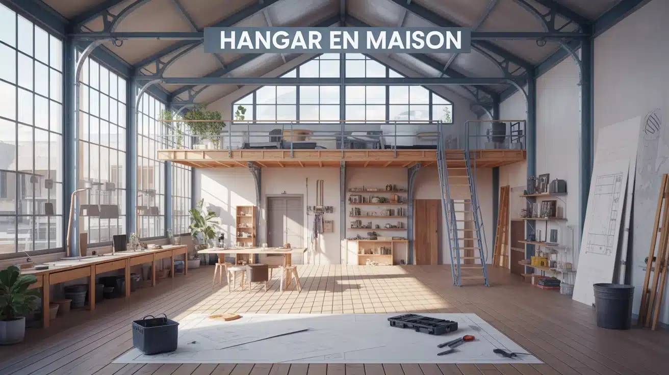 Hangar aménagé en maison avec mezzanine et baies vitrées