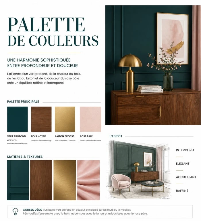 Palette de couleurs associant le bleu canard foncé avec du bois, du laiton et du rose poudré pour une décoration intérieure élégante.