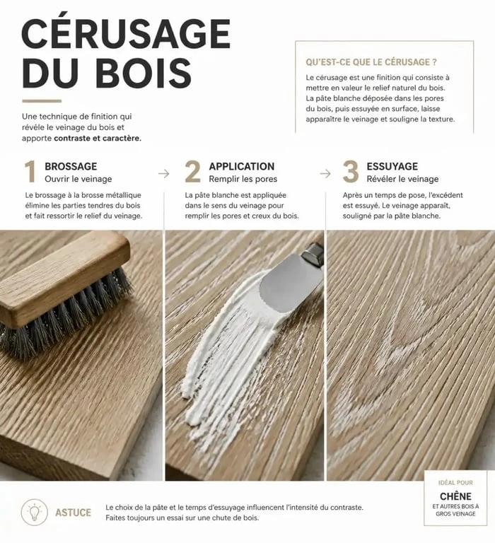 Étapes techniques pour céruser un bois : brossage, application de la pâte et résultat final sur chêne