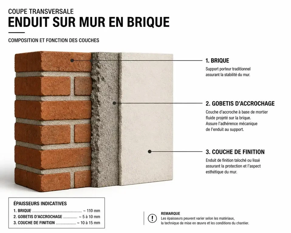 Schéma en coupe des couches d'enduit sur brique pour une rénovation durable