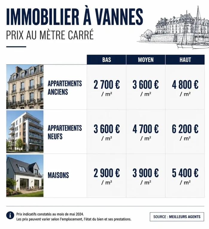 Tableau comparatif des prix de l'immobilier à Vannes par type de bien au mètre carré