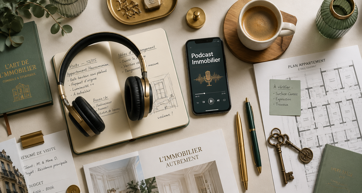 podcast immobilier casque carnet smartphone