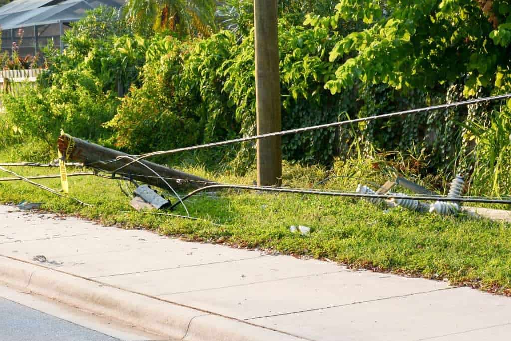Damaged utility pole and fallen power lines on a sidewalk with greenery in the background.