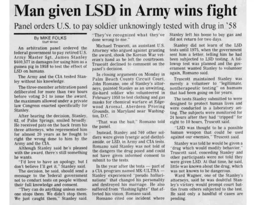 Man given LSD in Army wins fight - U.S. soldier tested with drug in 1958.