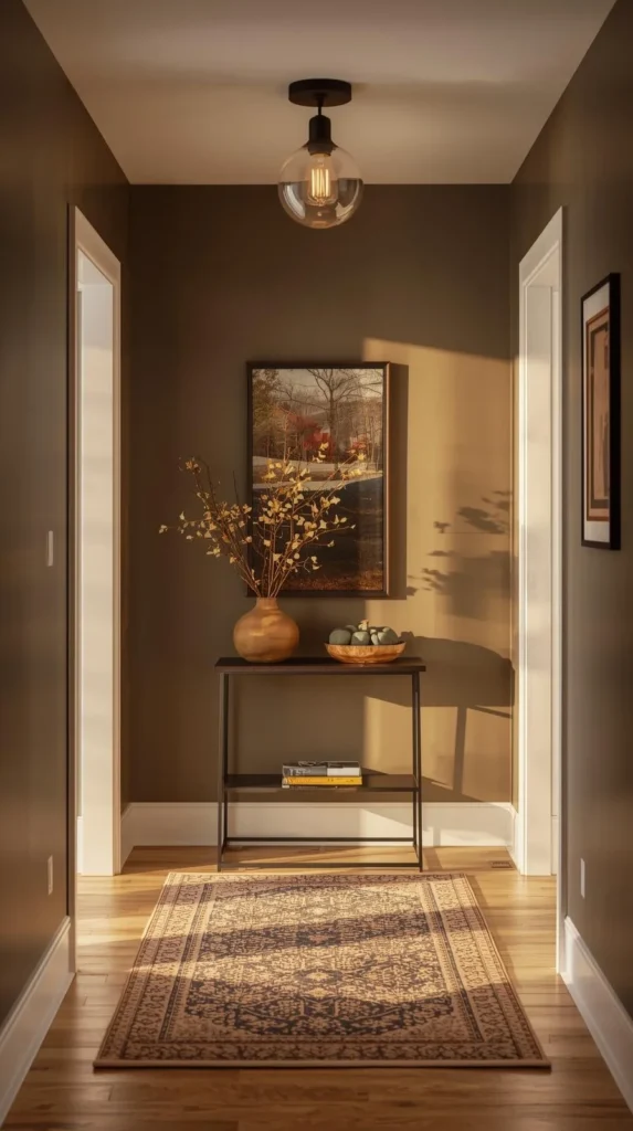fall themed entryway styled with flush mount light fixture with globe glass and matte black base