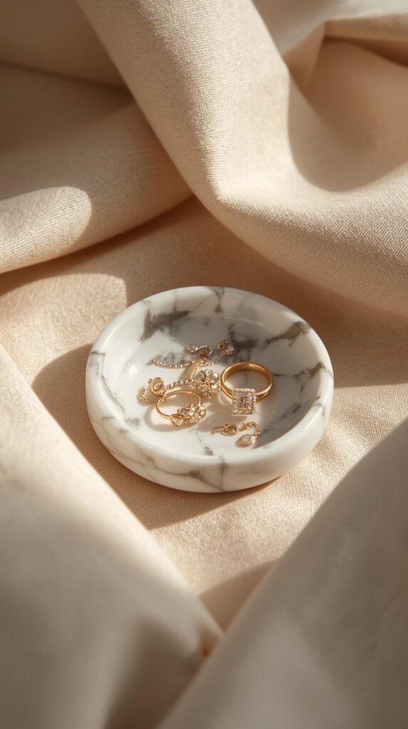 Close-up bedroom or vanity scene featuring a small Calacatta marble jewelry dish, dramatic veining, holding gold rings