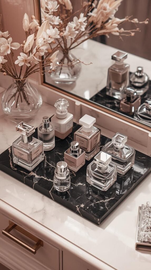 Luxury vanity setup with a black Calacatta marble perfume tray holding glass perfume bottles, soft blush and neutral tones.