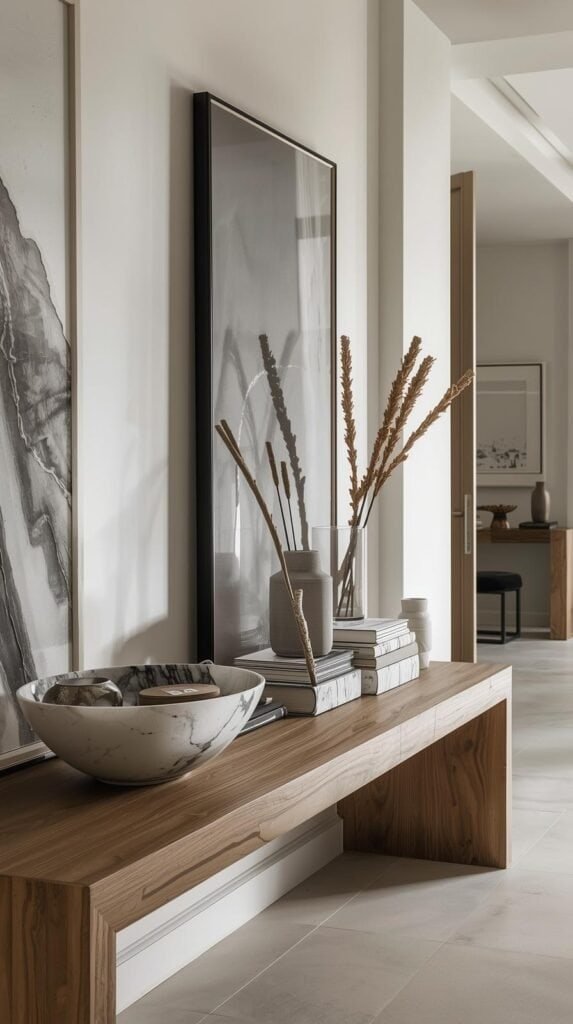 Oversized Calacatta marble bowl styled on a long wooden entryway table, dramatic white marble with bold gray veining, bowl