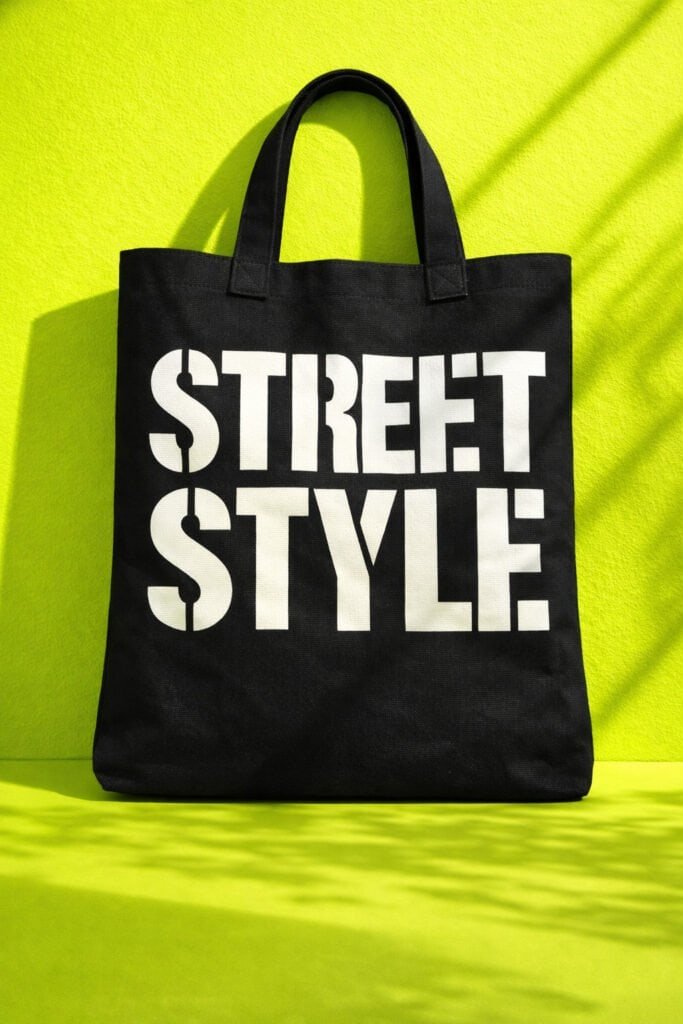 Black canvas tote with bold white stencil typography in modern sans-serif font