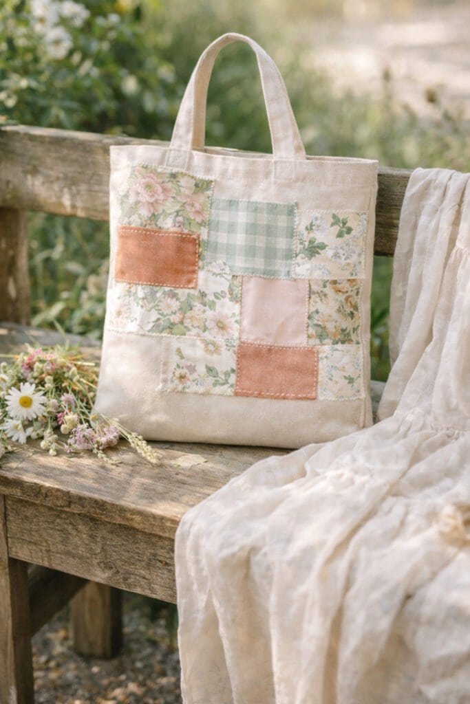 Canvas tote decorated with floral and gingham fabric patchwork, soft blush, sage, and cream tones, visible stitched edges