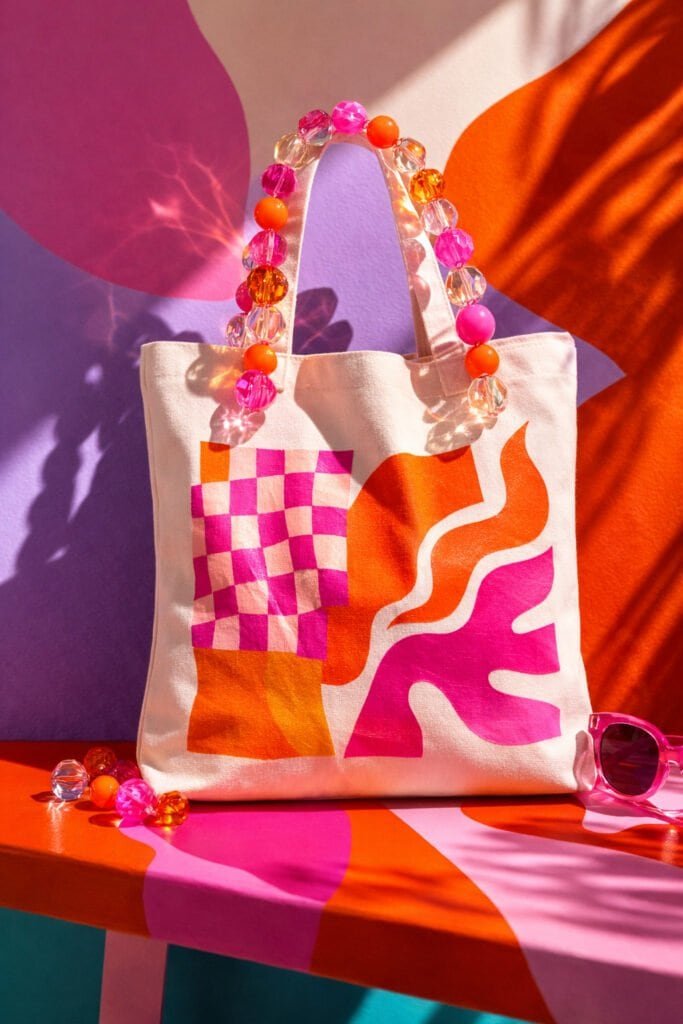 Canvas tote with colorful acrylic bead handles in pink, orange, and clear resin