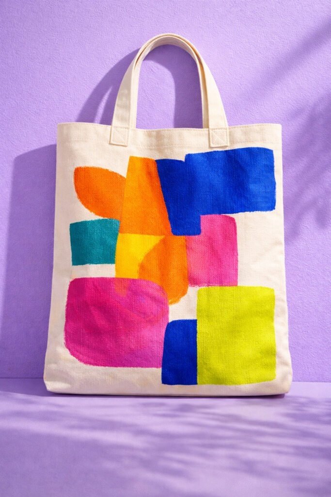 Canvas tote with large modern abstract paint shapes in orange, cobalt, magenta, and chartreuse, matte paint texture visible