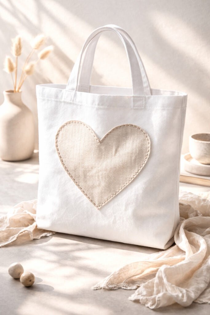 Canvas tote with oversized linen heart appliqué stitched on front, neutral beige and cream tones, visible stitch detail