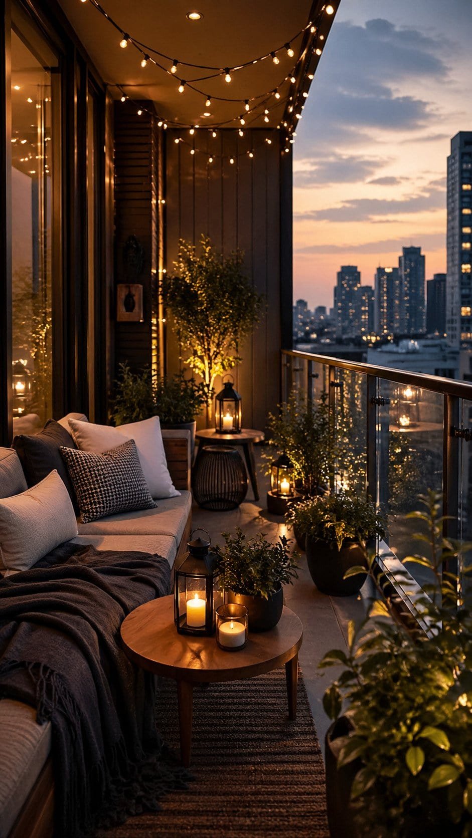 Cozy balcony lounge with city view at dusk