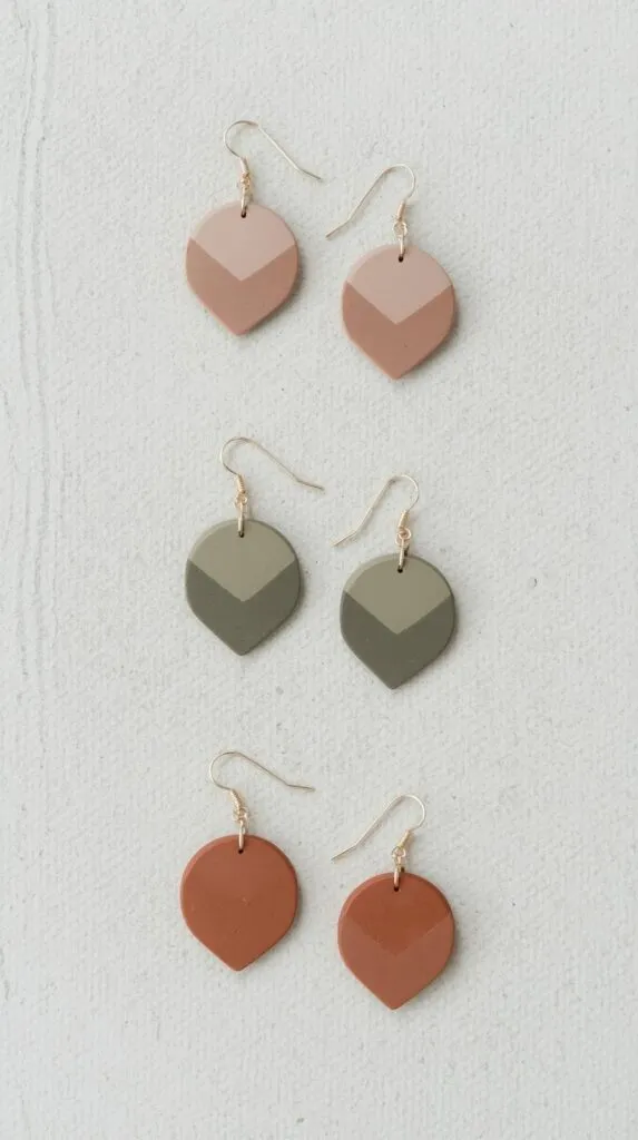 Handmade clay earrings in modern shapes and muted colors laid out neatly.
