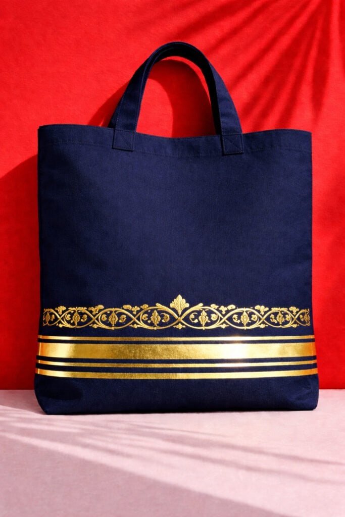 Neutral canvas tote with minimal gold leaf brushstroke accent, subtle metallic shine catching light, styled on marble surface with gold jewelry and linen scarf,