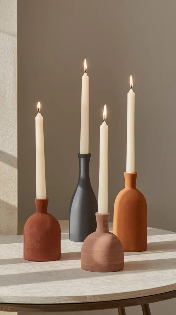 Handmade clay or resin candle holders in simple sculptural shapes, neutral tones.