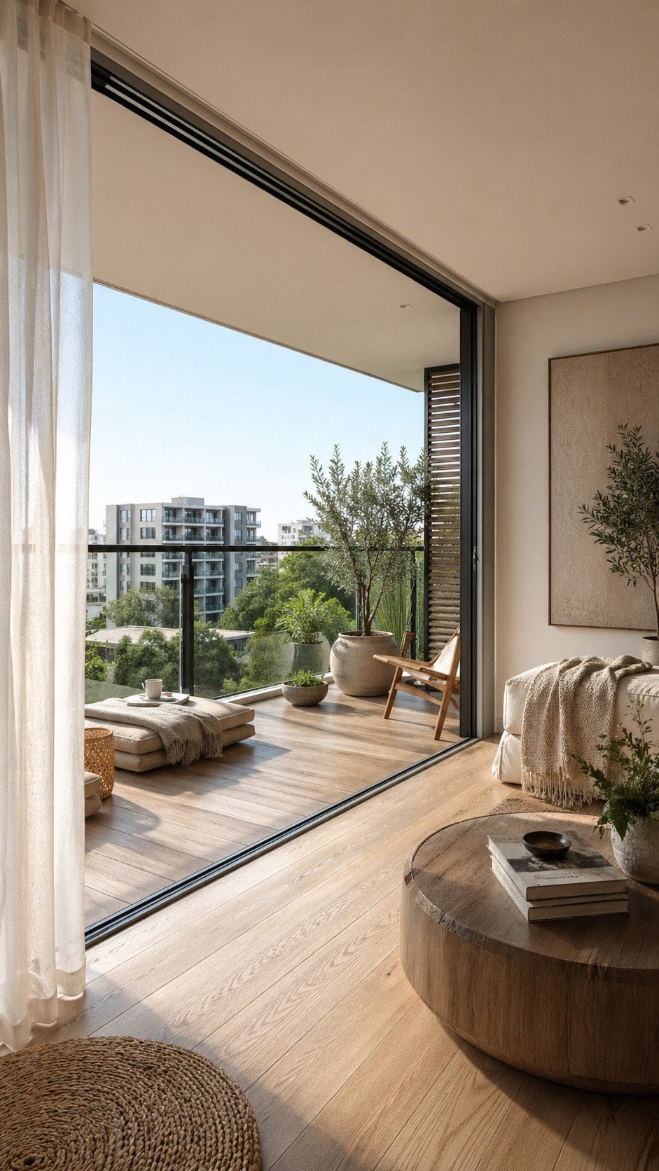 balcony seamlessly connected to interior with matching flooring
