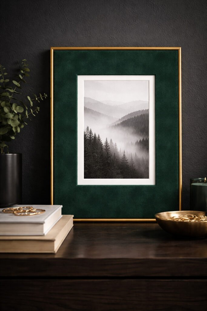 deep emerald velvet mat board inside thin gold frame