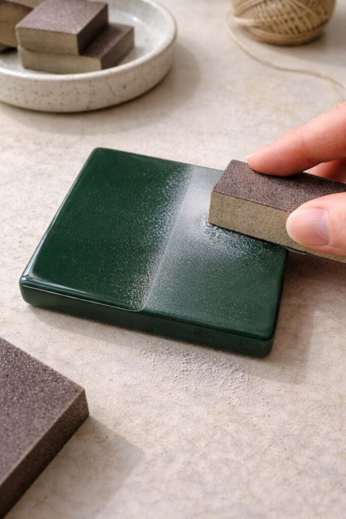 lightly sanding a dark solid green glazed clay piece, half sanded smooth and glaze and half sanded for comparison