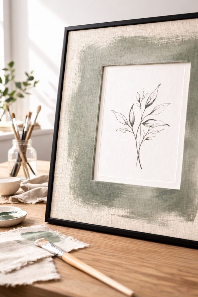 linen mat board with soft diluted acrylic wash in muted sage tone