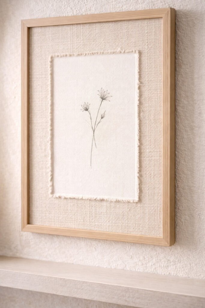 linen mat board with subtle frayed inner edge detail, natural flax tone fabric threads visible