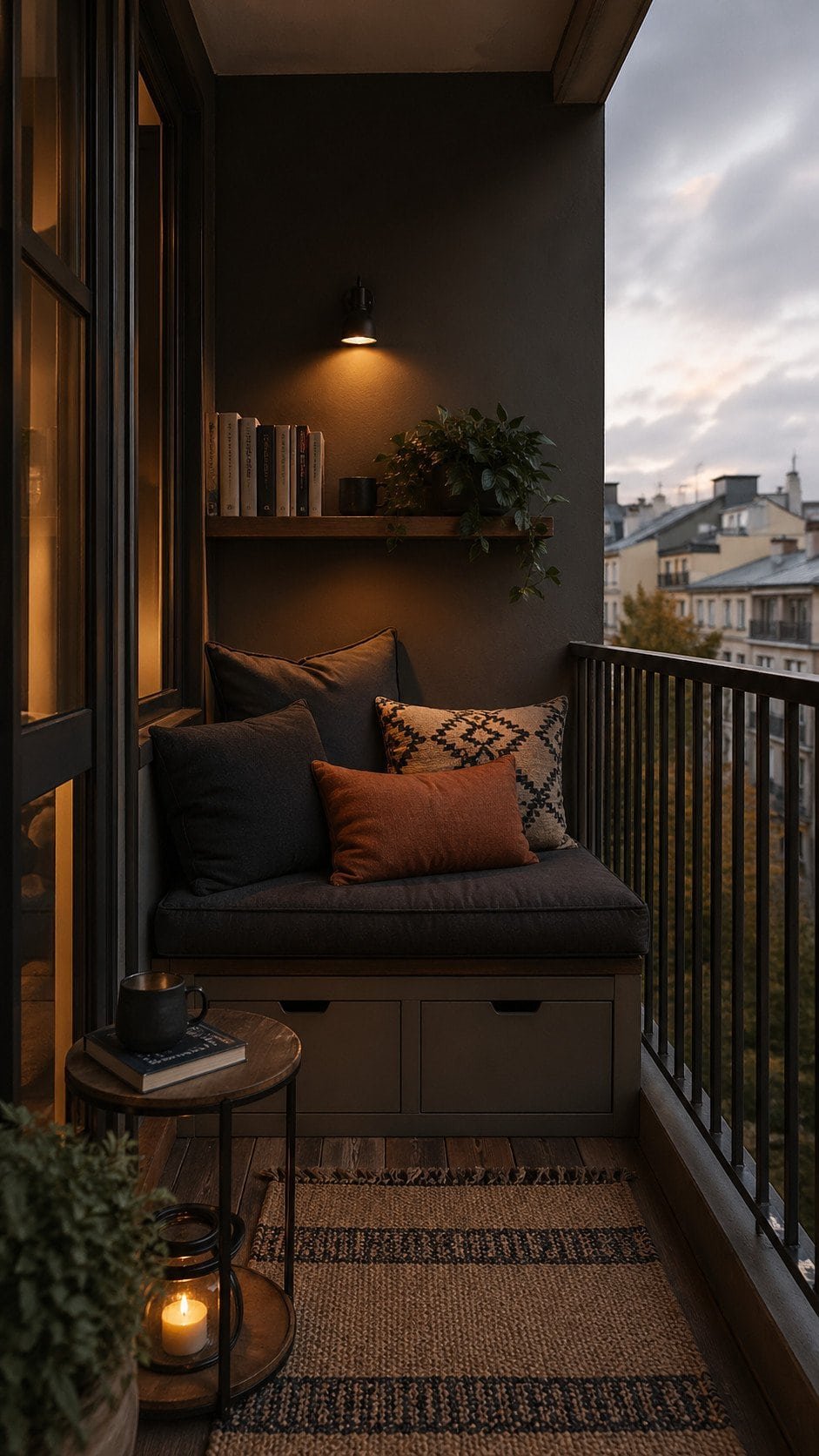 narrow balcony with built-in bench seating and storage