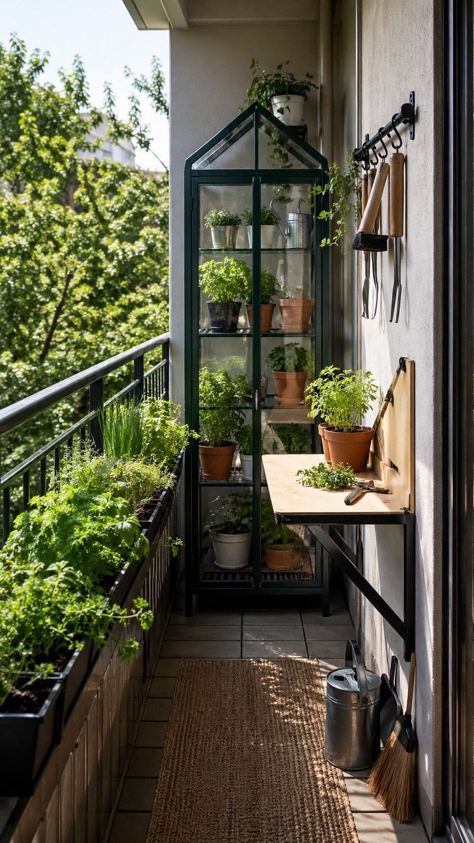 narrow balcony with small glass greenhouse cabinet, herb planters along railing