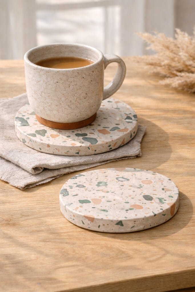 polymer clay coasters in neutral base with muted rust, sage, and charcoal flecks, styled on a light wood coffee table