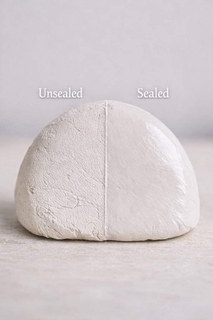 raw air dry clay piece half sealed and half unsealed, visible contrast between chalky matte side and smooth sealed side