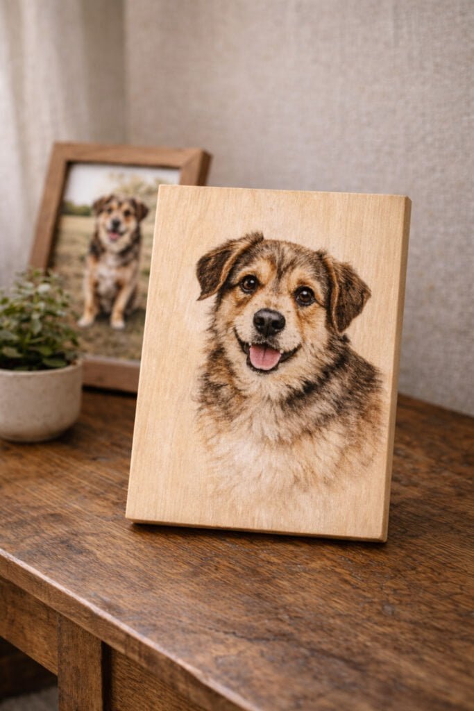 realistic wood-burned pet portrait on smooth basswood plaque