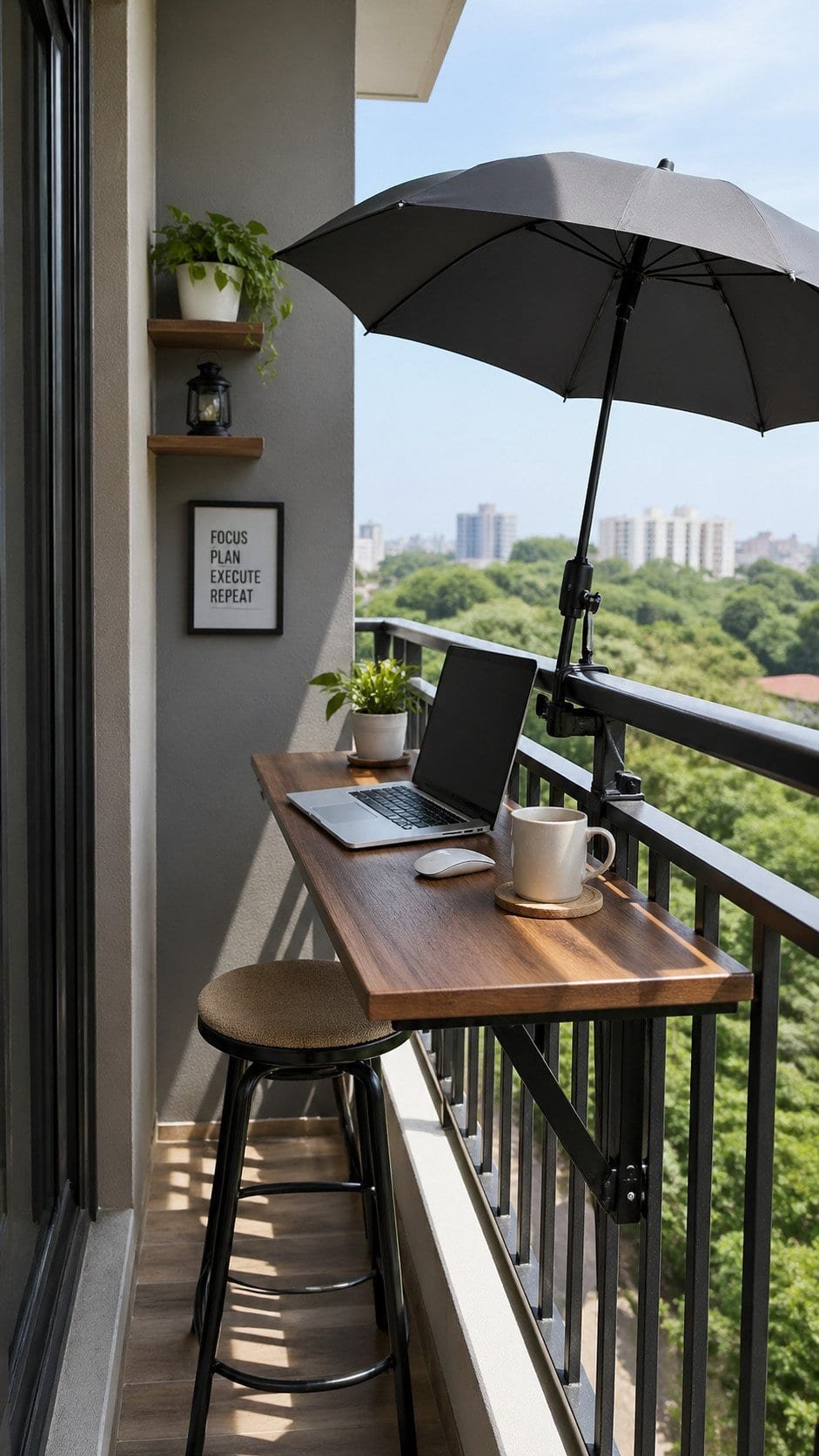 slim balcony workspace with railing-mounted desk, compact stool tucked underneath
