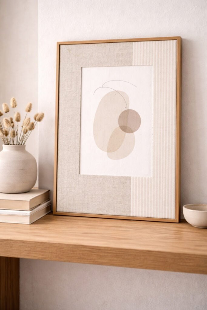 two-tone fabric mat board divided vertically with neutral linen on one side and soft striped cotton