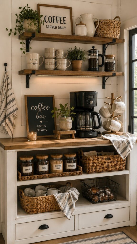 Cozy farmhouse coffee station vignette