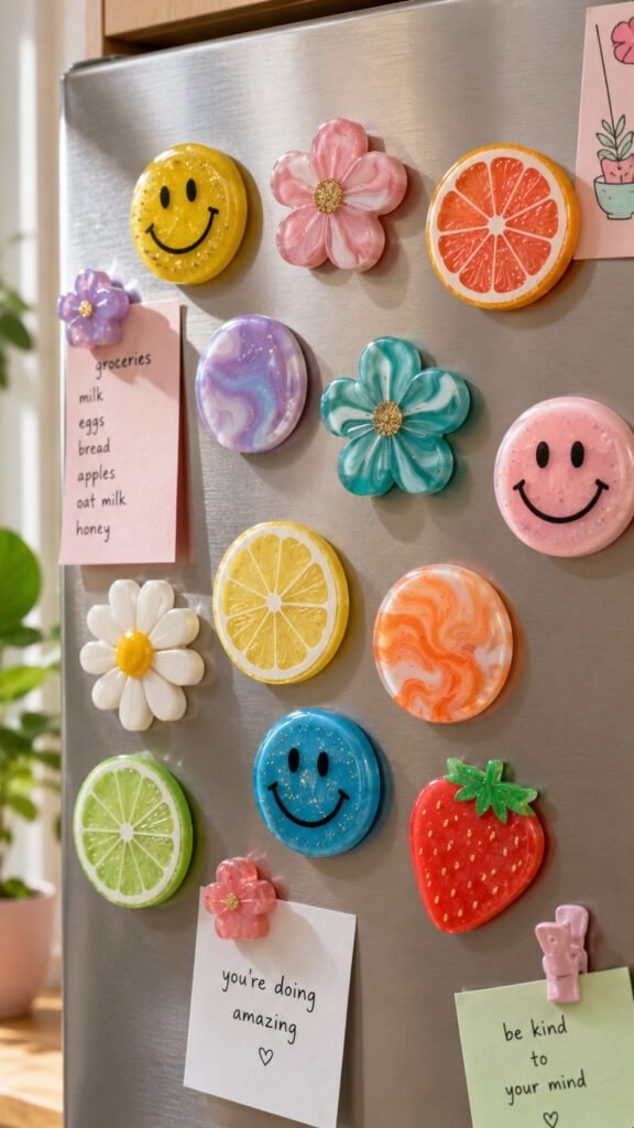 Colorful fridge decor with magnets and notes