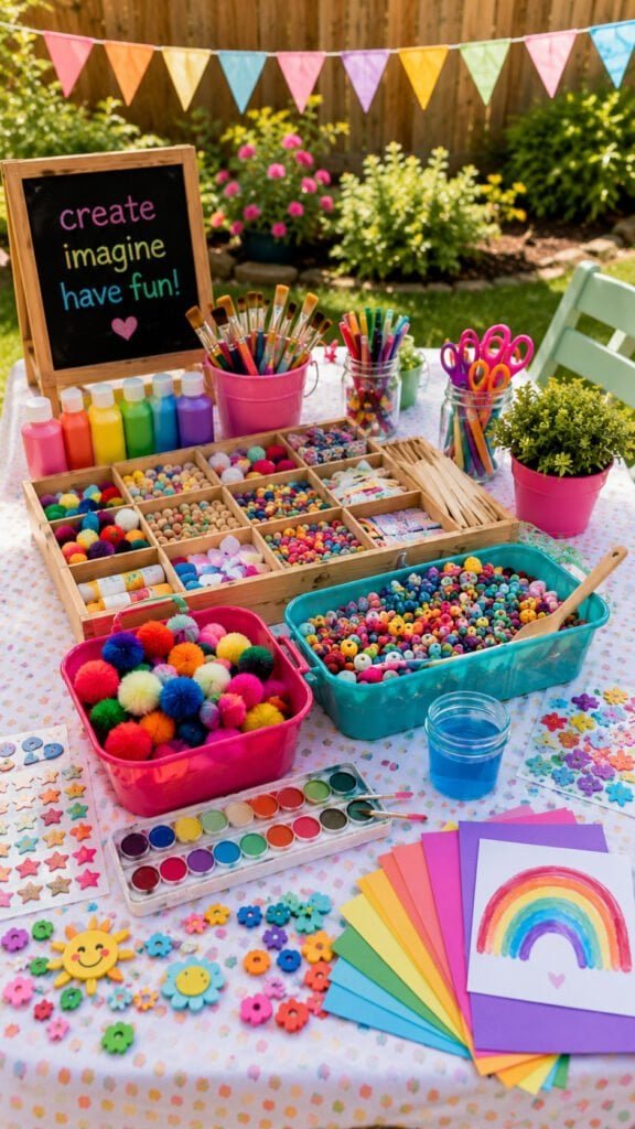 Colorful kids' craft station outdoors
