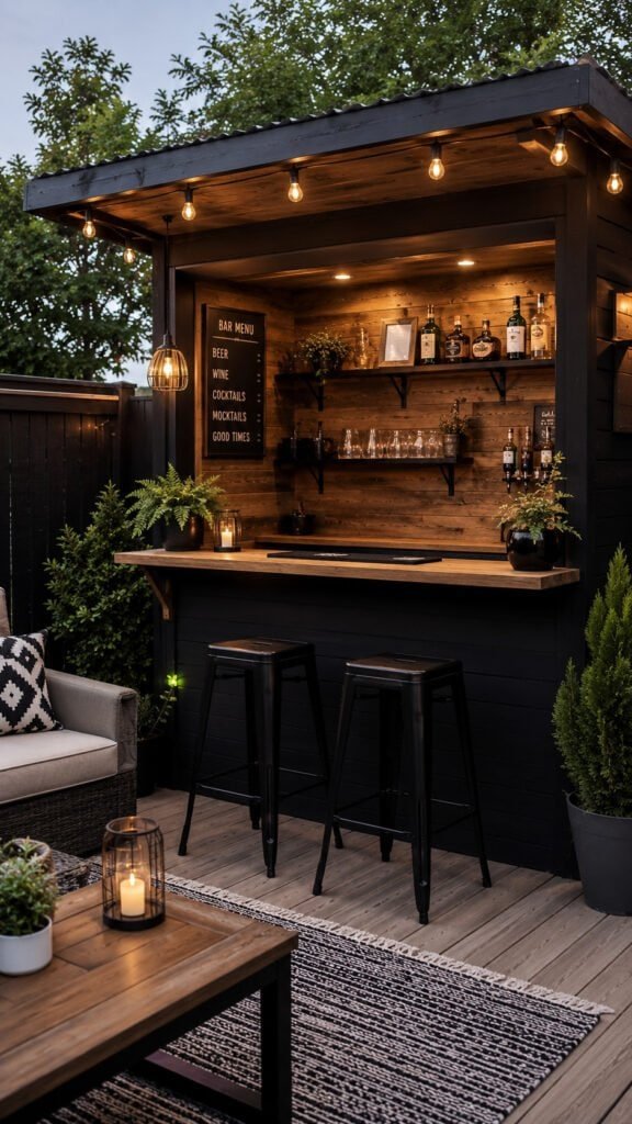 Cozy backyard bar at dusk